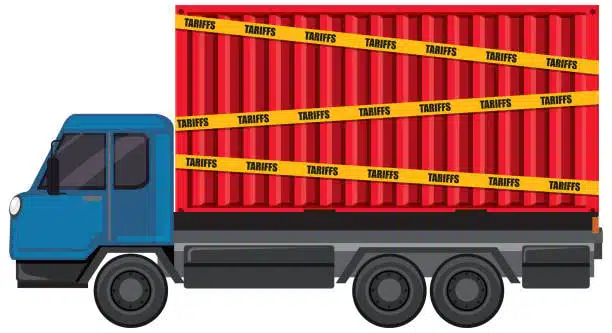 Graphic of shipping truck with container marked tariffs for outbound freight