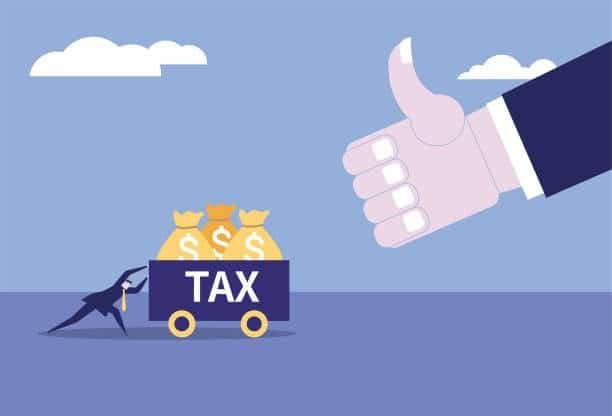 Illustration of business pushing tax cart with thumbs-up representing import duty clearance
