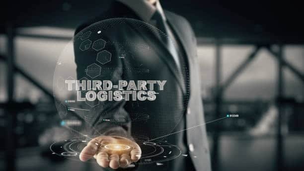 Businessman holding holographic third-party logistics icon in modern office