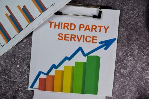Chart on clipboard displaying rising third-party service performance with colored bars and upward arrow