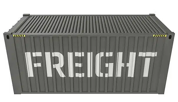Overhead view of container marked freight used for shipping expenses