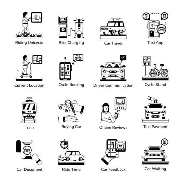 Vector icons showing transport systems including train, taxi, and bike sharing