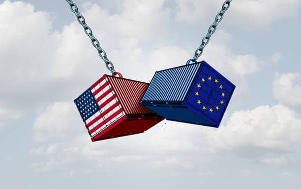 Symbolic image of trade tensions and shipping dynamics between the USA and European Union