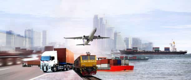 An aerial view of a cargo ship with containers and a plane flying above, shipping goods from China to Côte d'Ivoire across the sea.