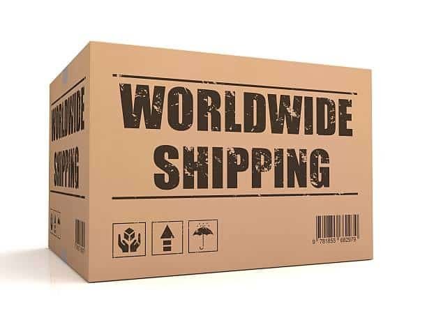 cardboard box labeled worldwide shipping representing EXW global trade logistics