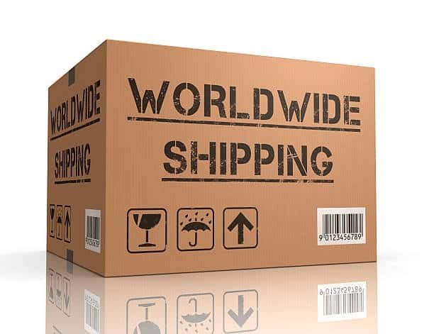 Cardboard box labeled worldwide shipping for international EXW logistics