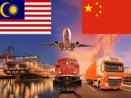 Airplane, freight train, cargo truck, and port representing multimodal shipping from China to Malaysia with both national flags.