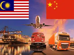 Airplane, freight train, cargo truck, and port representing multimodal shipping from China to Malaysia with both national flags.