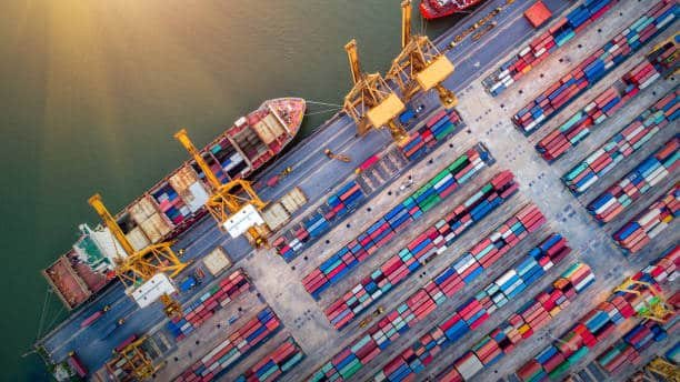 Aerial view of busy port used for shipping between China and Brazil
