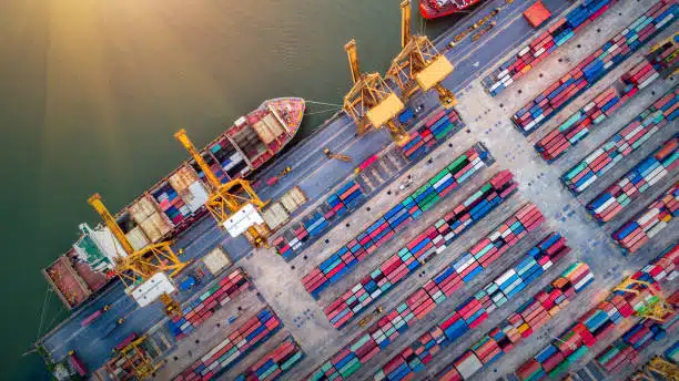 Aerial view of busy port used for shipping between China and Brazil