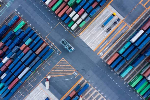 Aerial view of organized shipping containers at terminal for China–Somalia trade