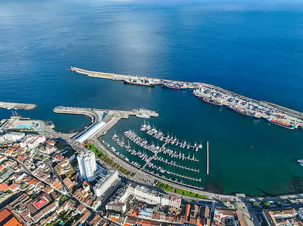 Aerial view of the destination port in Singapore for goods shipped from the US