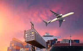 Airplane flying above containers and ship, symbolizing air and sea freight from China to Vietnam.