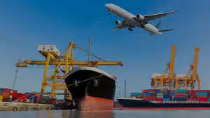 Airplane and cargo vessel representing air and sea freight options for China to Oman shipping
