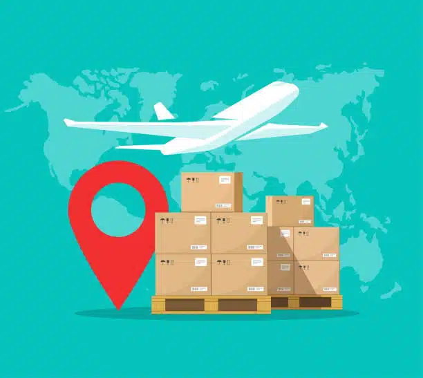 Illustrated airplane flying over cargo boxes with location pin for global shipping tracking