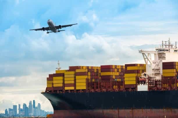 Large vessel and airplane with city backdrop, visualizing urban logistics from China to Hungary.