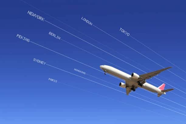 Airplane flying from China to international destinations like New York London and Tokyo representing global air freight routes