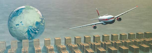 Airplane flying near globe and cargo boxes, representing global logistics and air freight from China to Sweden.