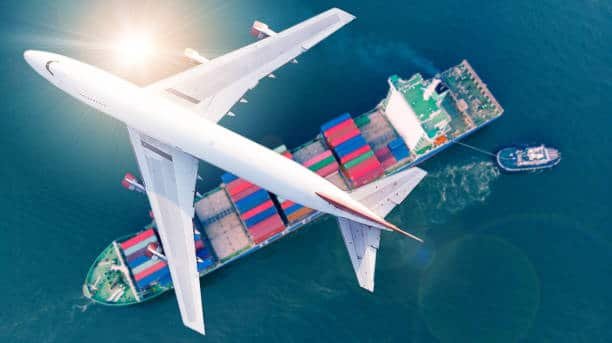 Airplane flying over a container ship, symbolizing air and sea freight from China to Belgium.