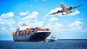 Airplane flying over cargo ship representing fast shipping services from China to Indonesia.