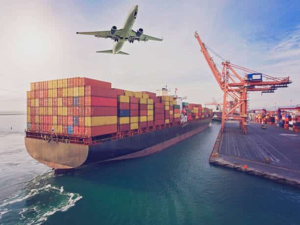 Large container ship and airplane at port illustrating combined air and sea shipping from China to Turkey