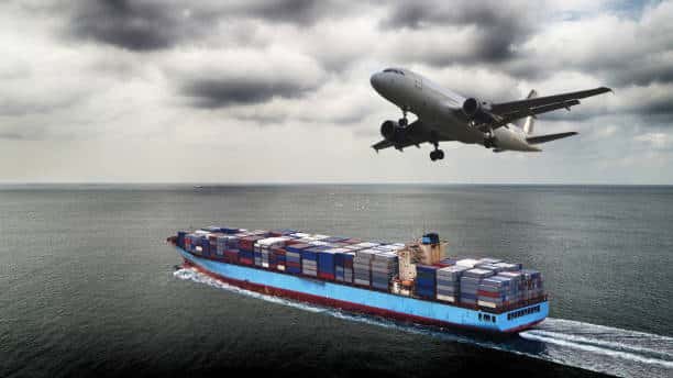 Cargo ship and airplane representing air and sea freight shipping from China to Saudi Arabia.