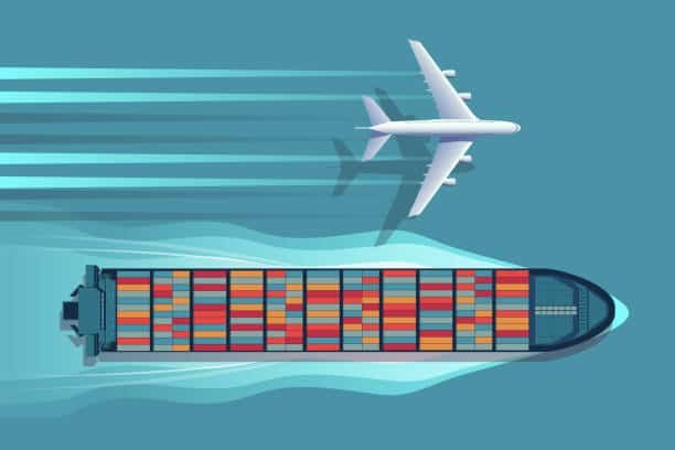 Illustration comparing air freight and sea freight for shipping from China to Egypt.