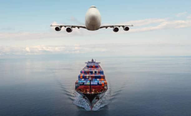 Cargo ship on ocean with airplane above, depicting sea and air freight from China to Pakistan