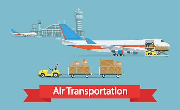 Illustrated concept of air transportation with cargo being loaded onto a plane