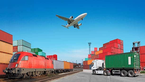 Cargo plane, freight train, and container truck representing shipping solutions from China to Spain.
