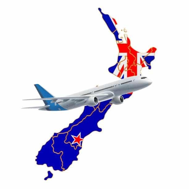 Airplane flying over New Zealand map for fast courier and express delivery