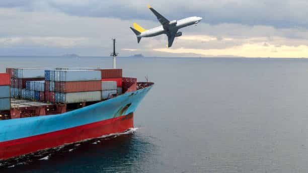 Aircraft taking off near container ship, symbolizing multimodal shipping from China to Saudi Arabia.