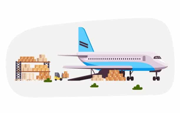 Cartoon illustration of cargo being loaded onto an airplane for international shipping