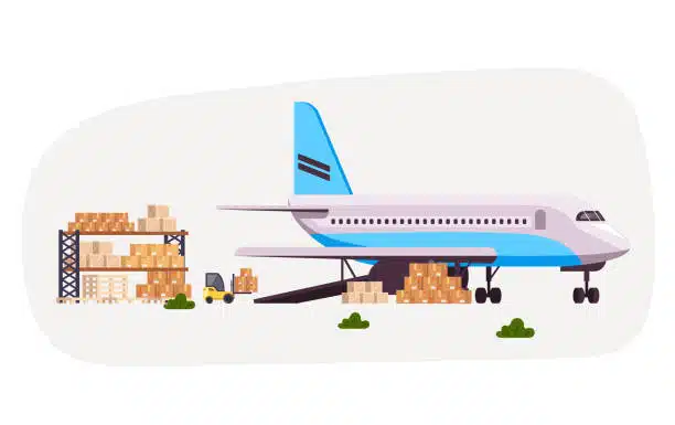 Cartoon illustration of cargo being loaded onto an airplane for international shipping