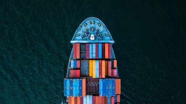 Top-down view of Alibaba container ship loaded with export cargo