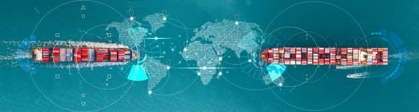 Two container ships on a digital world map illustrating Alibaba's global freight network