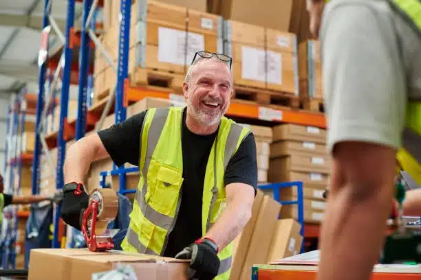 Warehouse worker packaging boxes for Alibaba orders with tape