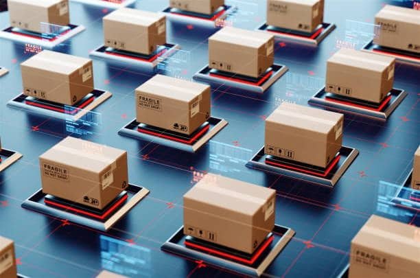 A high-tech scene showing numerous cardboard boxes labeled "FRAGILE" arranged on a digital grid with holographic displays.