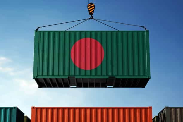 Shipping container with Bangladesh flag being lifted at port, symbolizing import trade from China
