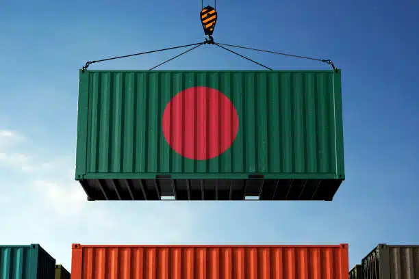 Shipping container with Bangladesh flag being lifted at port, symbolizing import trade from China
