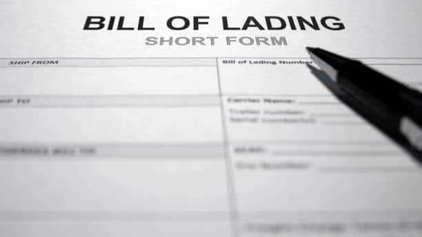 Close-up of a short form bill of lading showing shipping information sections