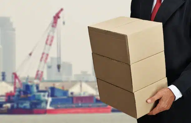 Business person with LCL shipment boxes at port, showing how partial container loads are handled in global trade.
