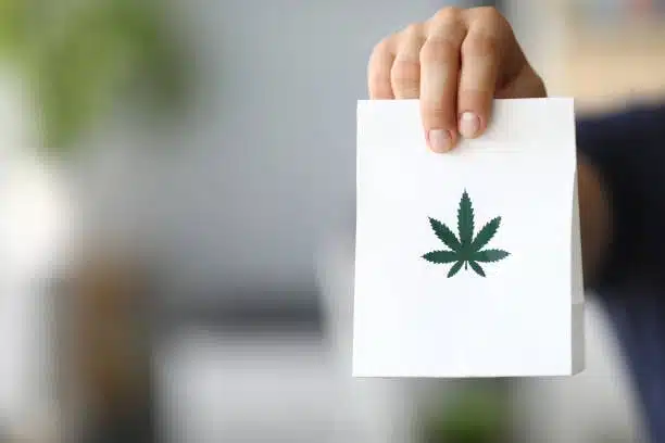 Close-up of a hand holding a white paper bag with a cannabis leaf symbol