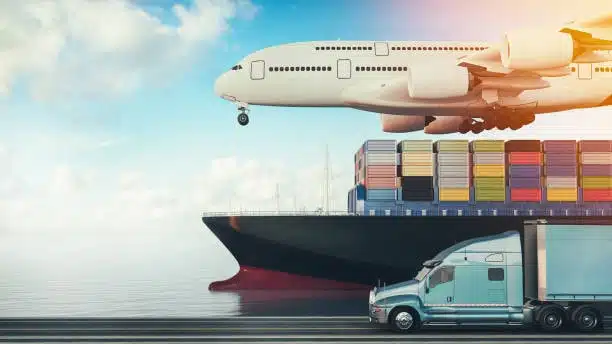 Airplane, cargo ship, and truck representing international freight transportation