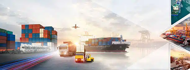 Cargo ship, trucks, containers, and plane at a busy terminal for China to Greece logistics