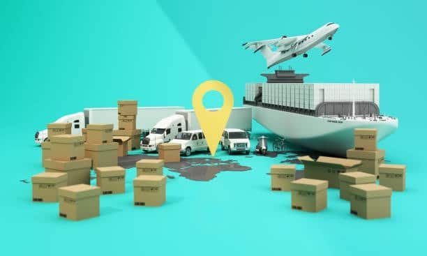 logistics center with packages and transport vehicles representing global FOB shipping