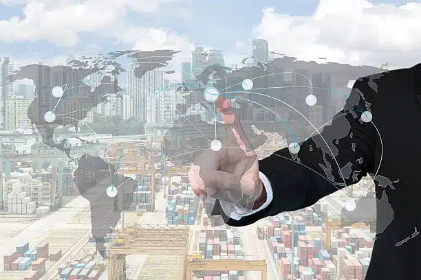 Large ocean vessel transporting colorful containers overseas