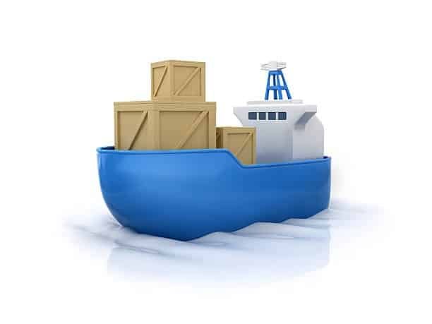 Cargo vessel transporting wooden containers, part of the intermodal supply chain where drayage services connect shipping points.
