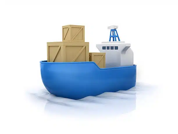 Cargo vessel transporting wooden containers, part of the intermodal supply chain where drayage services connect shipping points.