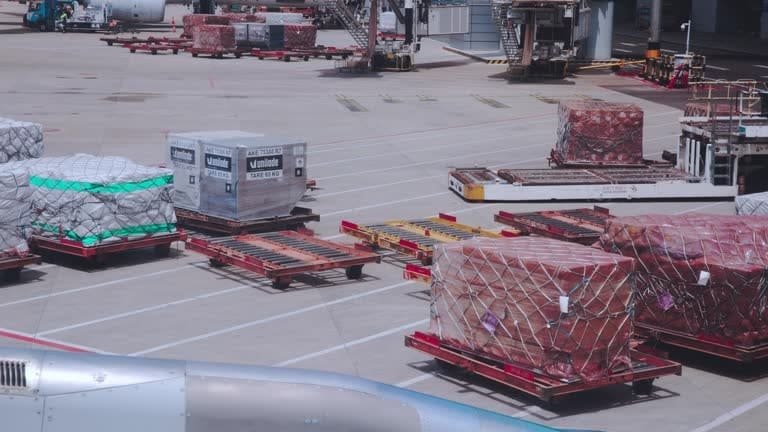 Air freight cargo pallets being handled at a China airport logistics zone
